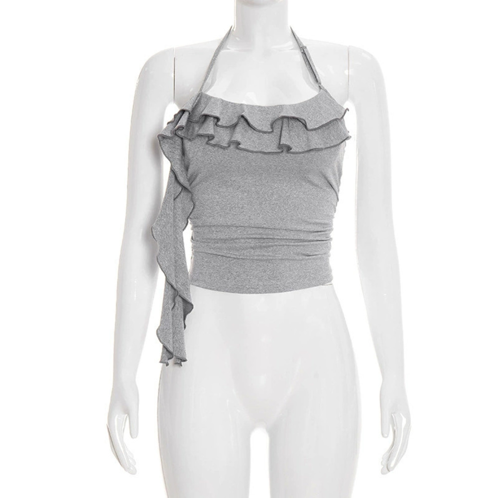 Zara Spring Solid Ruffle Slim Fit Cropped Halter Top - Picture 6 of 6